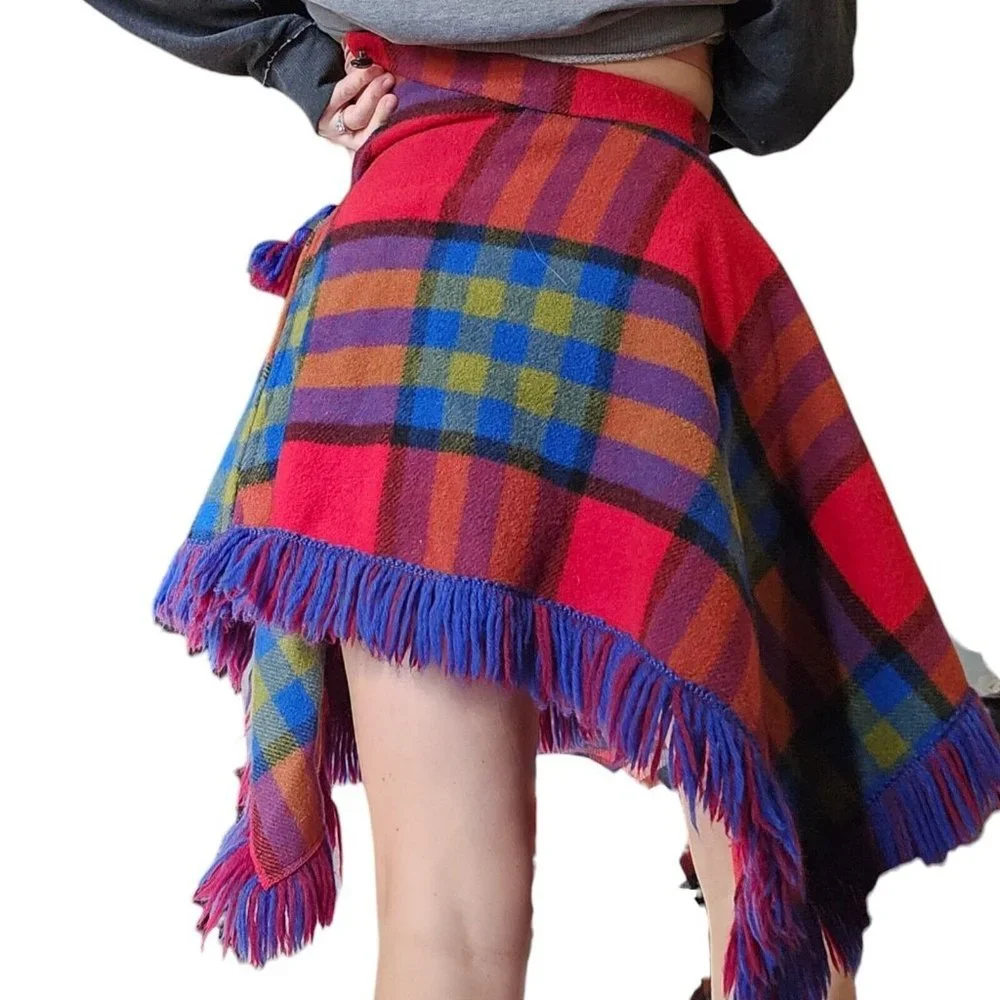 70s Pioneerwear Womens XS Wool Plaid Skirt Fringe Assymetrical Red‎ Blue Boho